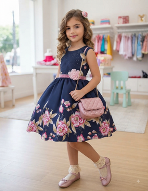 Vestido Infantil Miss Cherry Floral + tiara