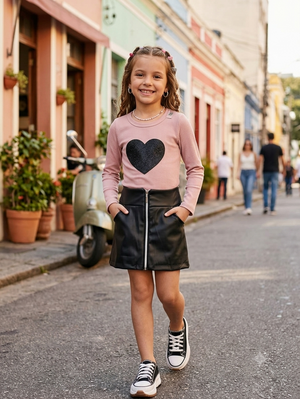 Conjunto Infantil Menina Blusa Manga Longa Saia Couro Fake