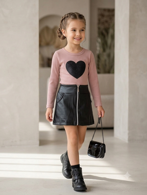 Conjunto Infantil Menina Blusa Manga Longa Saia Couro Fake