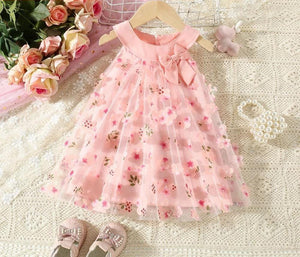 Vestido Infantil Feminino Sem Mangas Rosa Com Estampa Floral , Perfeito Para Festas