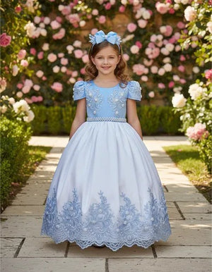 Vestido Enjoy Longo Eloise Branco com Azul Bebe