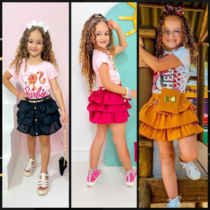 Conjunto Saia 3 Babados + Camiseta (estampa da camiseta aleatoria)