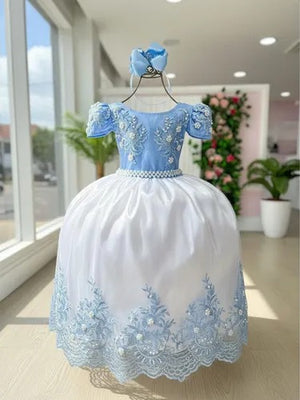 Vestido Enjoy Longo Eloise Branco com Azul Bebe