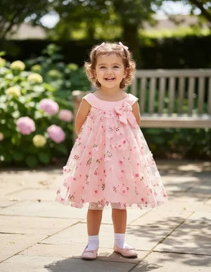 Vestido Infantil Feminino Sem Mangas Rosa Com Estampa Floral , Perfeito Para Festas
