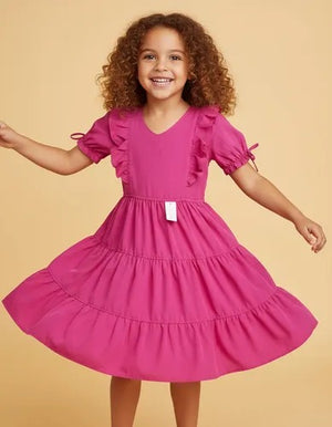 Vestido Crepinho juvenil Com Laço na Manga