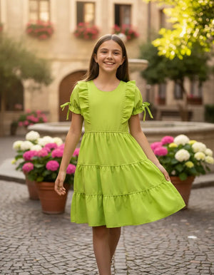 Vestido Crepinho juvenil Com Laço na Manga