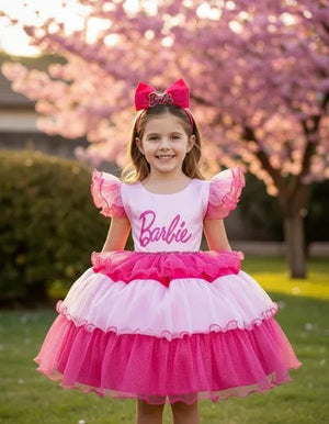 Vestido Temático Barbie Babado Rosa