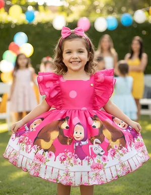 Vestido Infantil Temático Macha Urso + Laço