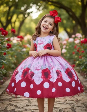 Vestido Infantil Miss Cherry Floral Médio + Laço