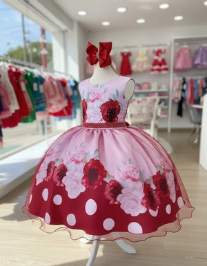 Vestido Infantil Miss Cherry Floral Médio + Laço
