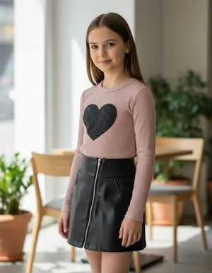 Conjunto Infantil Menina Blusa Manga Longa Saia Couro Fake