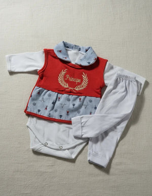 Conjunto de body com Gola para bebê menino 3 pç calça + body + colete