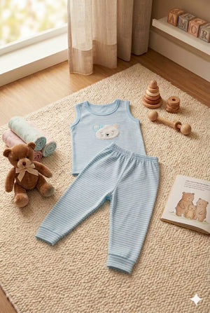 Pijama Bebê RN Listrado com Bordado de Urso - Conforto Total