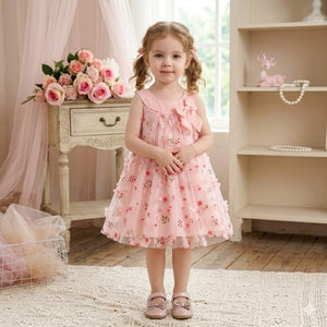 Vestido Infantil Feminino Sem Mangas Rosa Com Estampa Floral , Perfeito Para Festas