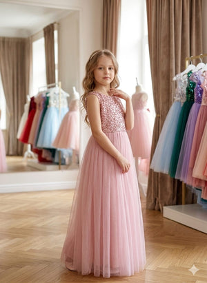 Vestido Sonho de Menina: Brilho de Paetês e Saia de Tule em Rosa