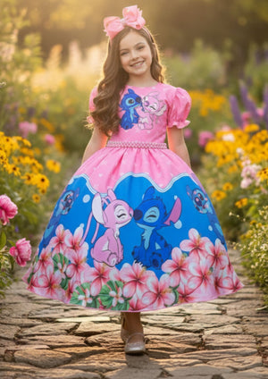 Vestido Infantil Stitch e Angel Tematico de Luxo