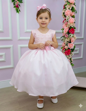 Vestido Belle Fille Peito Pérolas Rosa Bebe