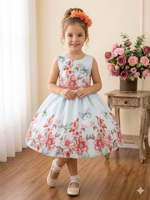 Vestido Infantil Estampado Floral Miss Cherry + Tiara