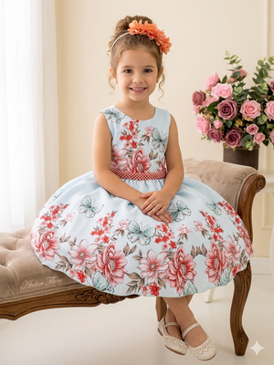 Vestido Infantil Estampado Floral Miss Cherry + Tiara