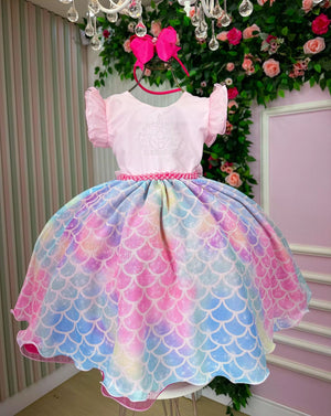 Vestido Ysa Kids Tematico Sereia - Fundo do Mar Rosa