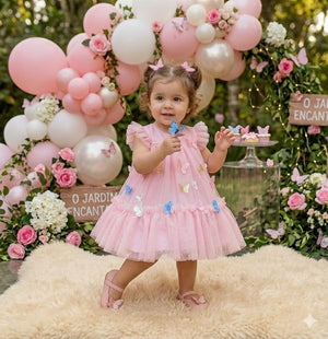 Vestido Vila Lele Jardim das Borboletas Baby Liz Rosa Bebe