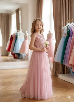 Vestido Sonho de Menina: Brilho de Paetês e Saia de Tule em Rosa