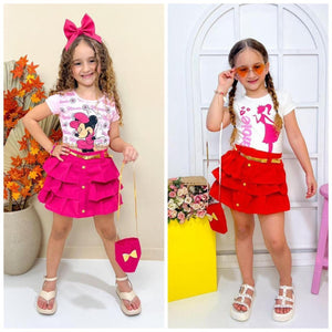 Conjunto Saia 3 Babados + Camiseta (estampa da camiseta aleatoria)