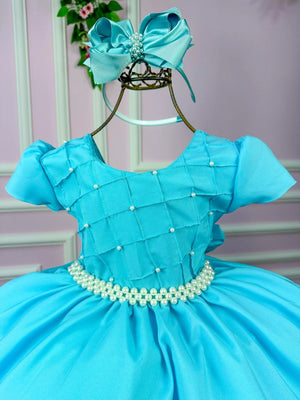 Vestido Ysa Kids Azul Tiffany Peito Perolas
