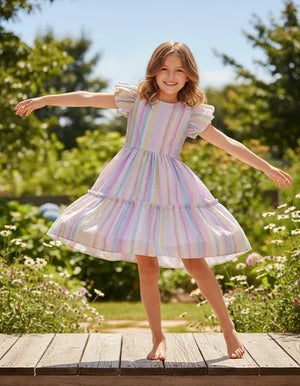 Vestido Infantil Arco Ires Tule Estampado Com Listra