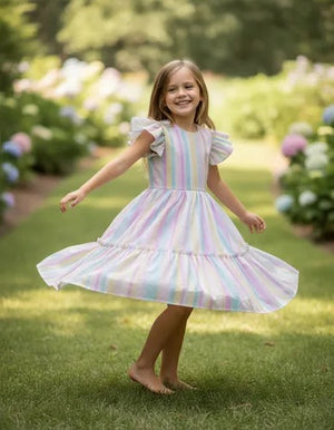 Vestido Infantil Arco Ires Tule Estampado Com Listra