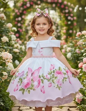 Vestido Mimadine Branco Florido Rosa Manga Princesa