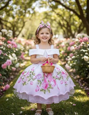 Vestido Mimadine Branco Florido Rosa Manga Princesa