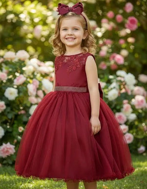 Vestido Juvenil Enjoy Marsala Peito Rendado Flores