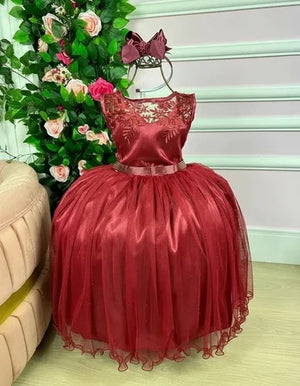 Vestido Juvenil Enjoy Marsala Peito Rendado Flores