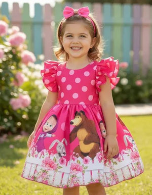 Vestido Infantil Temático Macha Urso + Laço