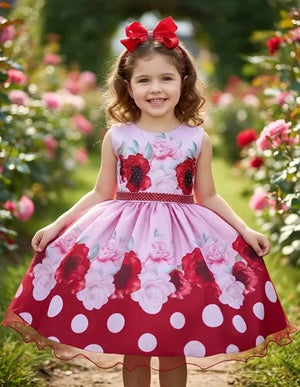 Vestido Infantil Miss Cherry Floral Médio + Laço