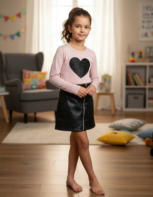 Conjunto Infantil Menina Blusa Manga Longa  Saia Couro Fake