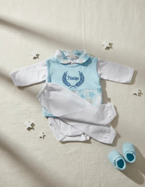 Conjunto de body com Gola para bebê menino 3 pç calça + body + colete