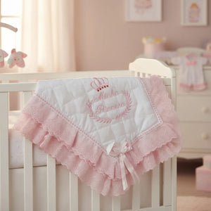 Manta  Bebê Forrada e Bordada Com Babado Inglês