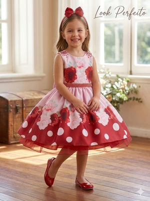 Vestido Infantil Miss Cherry Floral Médio + Laço