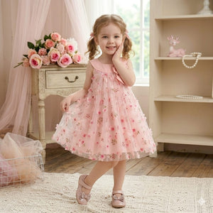 Vestido Infantil Feminino Sem Mangas Rosa Com Estampa Floral , Perfeito Para Festas