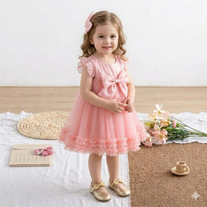Vestido de menina verão, laço fofo estilo princesa, vestido de chiffon para festa